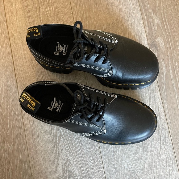 Dr. Martens Audrick White Stitch Black Leather Platform Shoes - Picture 4 of 10